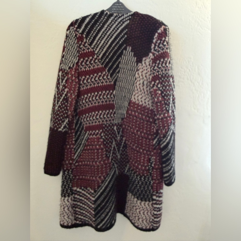 Caslon Wool Blend Patchwork Open Front Cardigan Sweater Medium Burgundy black - Picture 5 of 10
